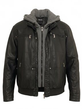 New Wantdo Men's Black Faux Leather Hooded Bomber Jacket 4XL - Grunge Streetwear